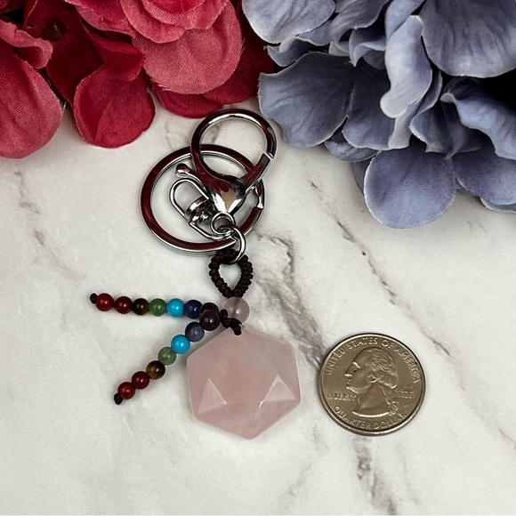 Natural Rose Quartz Hexagon Stone with Rainbow Chakra Keychain Charm - Picture 11 of 14
